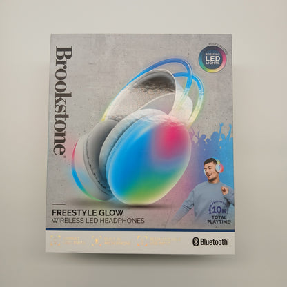 BROOKSTONE FREE STYLE GLOW WIRELESS LED HEADPHONES 10H TOTAL PLAY TIME