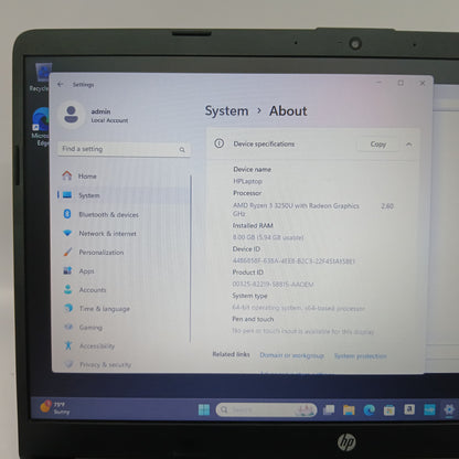 HP 255 G8 Notebook 15.6" Ryzen 3 3250U 2.60GHz 8GB RAM 256GB SSD AMD Graphics