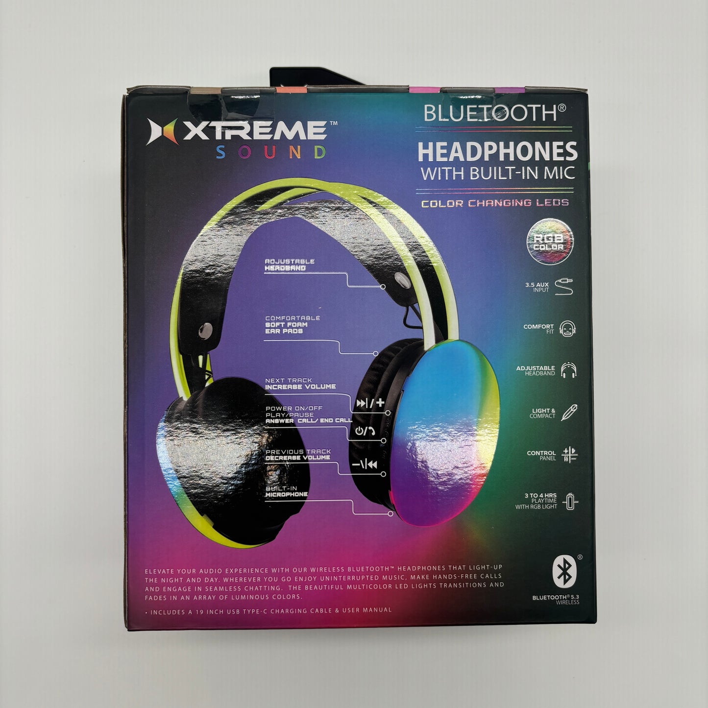 Xtreme Sound Bluetooth Headphone With Hands-Free calling Built-In Mic Color Changing LEDS